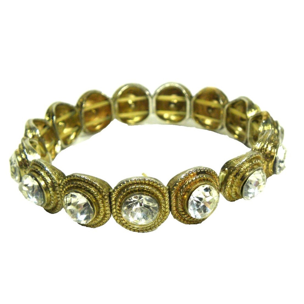 Large Rhinestone Stretch Bracelet Bronze Tone Textured  Round Circle